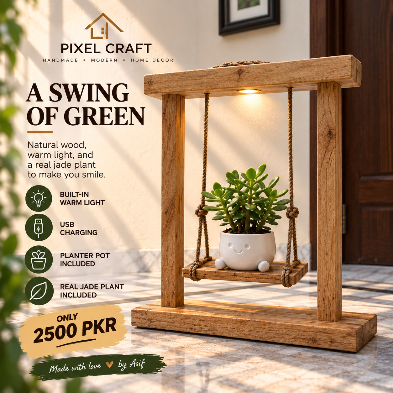 Wooden Swing Planter Stand with Light, Pot and Live Plant